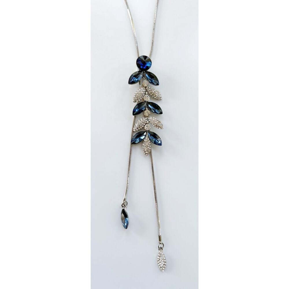 Silver Lariat Necklace Blue Rhinestone Leaf Pendant Statement Bolo Western